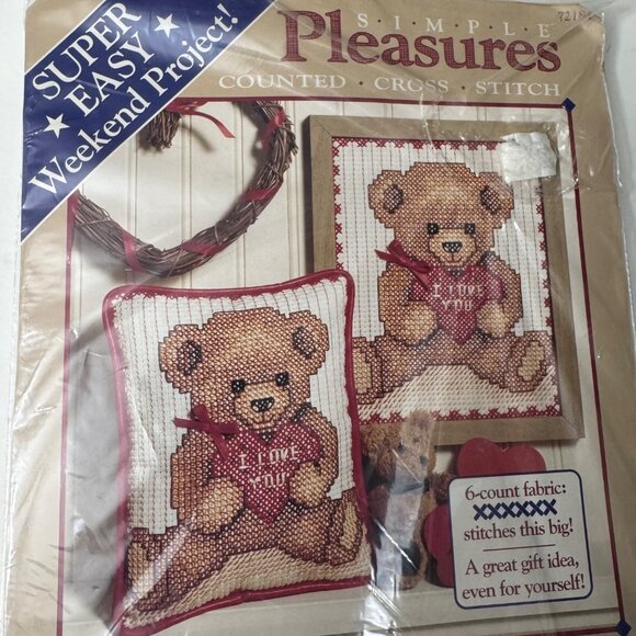Demensions Simple Pleasures Counted Cross Stitch Kit I Love You Teddy 8x10 6-Ct - Picture 2 of 5